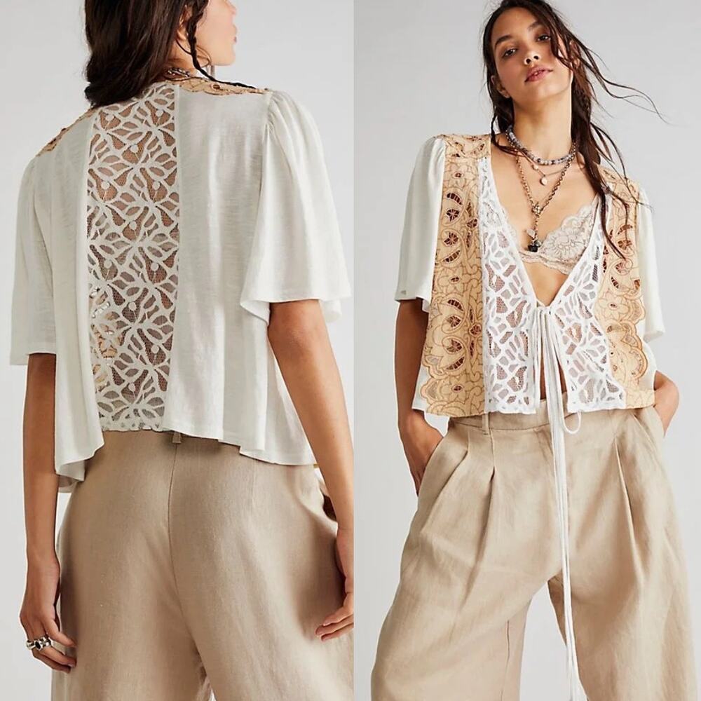 NEW Free People Blossom Lace Wrap Front Top Cream Tan XS Coquette Dainty Lace